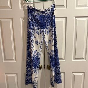 Elegant Blue and White Paisley Wide leg Women's Pants